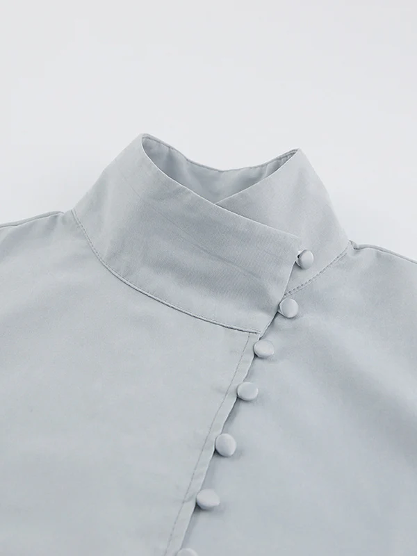Long Sleeves Loose Solid Color Split-Joint High-Neck Blouses - Image 12