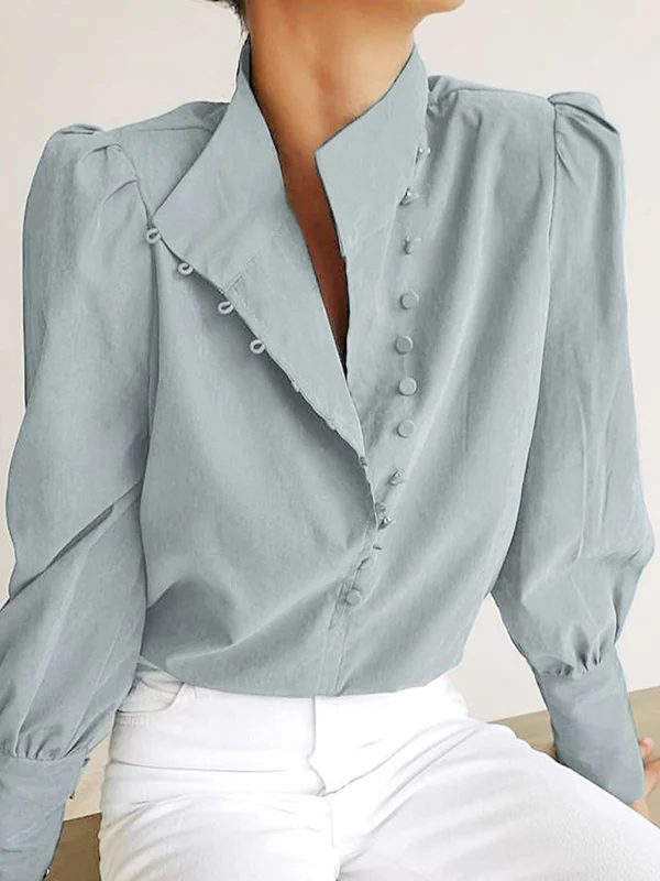 Long Sleeves Loose Solid Color Split-Joint High-Neck Blouses - Image 2