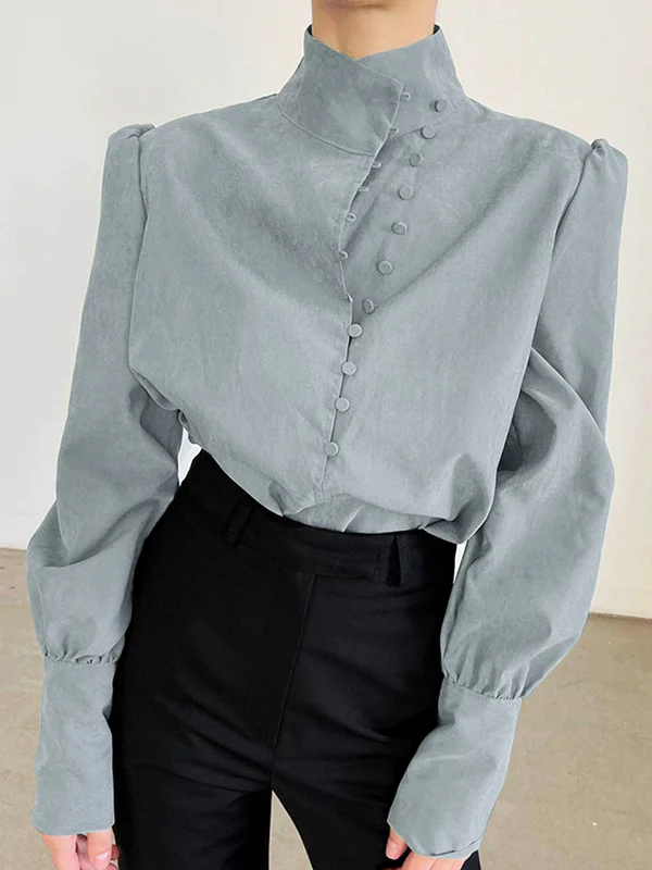 Long Sleeves Loose Solid Color Split-Joint High-Neck Blouses - Image 3