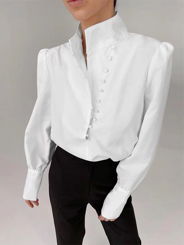 Long Sleeves Loose Solid Color Split-Joint High-Neck Blouses - Image 4