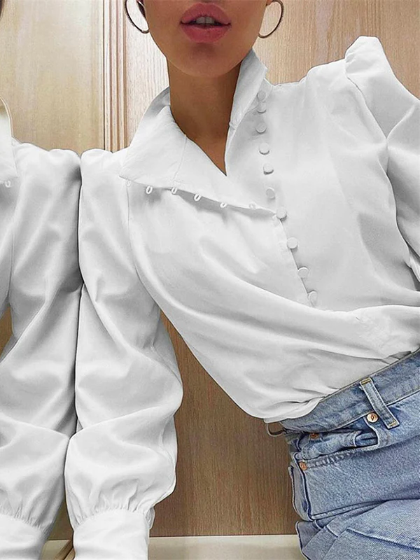 Long Sleeves Loose Solid Color Split-Joint High-Neck Blouses - Image 5