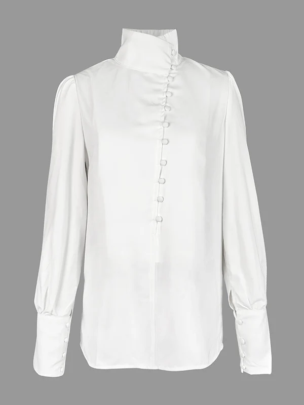 Long Sleeves Loose Solid Color Split-Joint High-Neck Blouses - Image 7