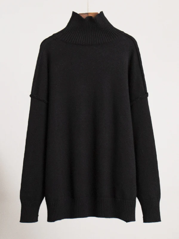 Long Sleeves Loose Solid Color Split-Joint High Neck Pullovers Sweater Tops - Image 10