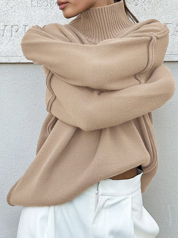 Long Sleeves Loose Solid Color Split-Joint High Neck Pullovers Sweater Tops - Image 11