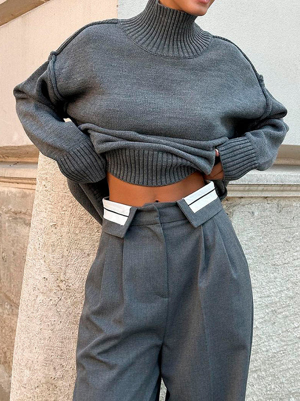 Long Sleeves Loose Solid Color Split-Joint High Neck Pullovers Sweater Tops - Image 12