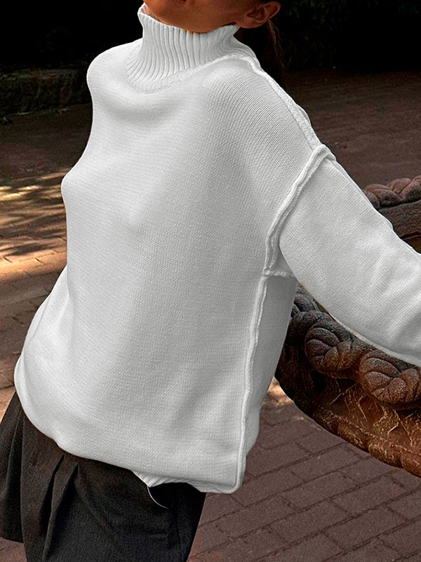 Long Sleeves Loose Solid Color Split-Joint High Neck Pullovers Sweater Tops - Image 13