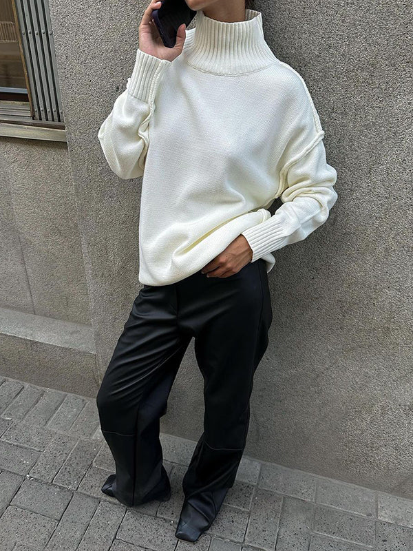 Long Sleeves Loose Solid Color Split-Joint High Neck Pullovers Sweater Tops - Image 14