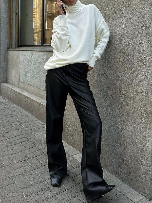 Long Sleeves Loose Solid Color Split-Joint High Neck Pullovers Sweater Tops - Image 15