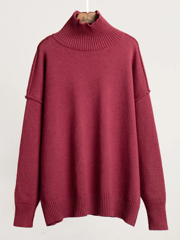 Long Sleeves Loose Solid Color Split-Joint High Neck Pullovers Sweater Tops - Image 17
