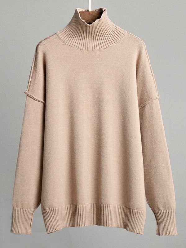 Long Sleeves Loose Solid Color Split-Joint High Neck Pullovers Sweater Tops - Image 18