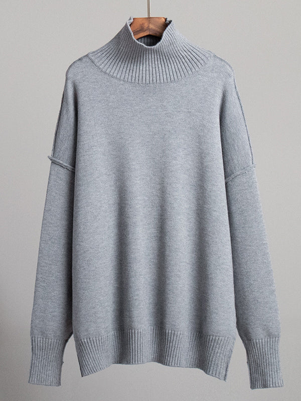 Long Sleeves Loose Solid Color Split-Joint High Neck Pullovers Sweater Tops - Image 19