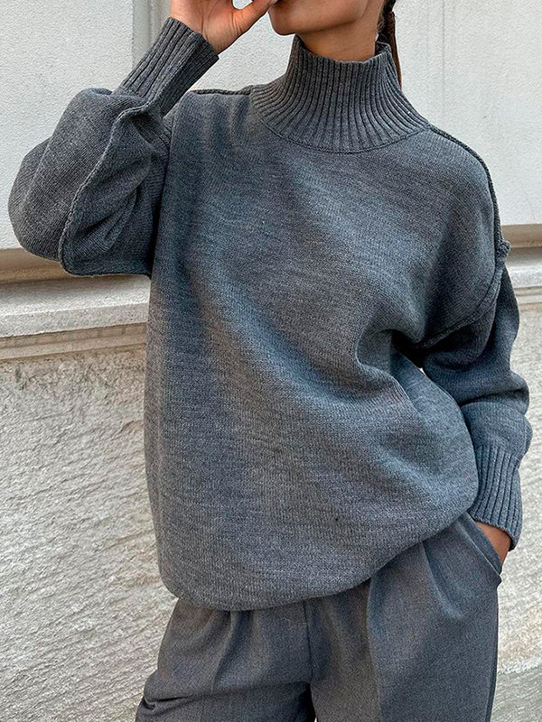 Long Sleeves Loose Solid Color Split-Joint High Neck Pullovers Sweater Tops - Image 2