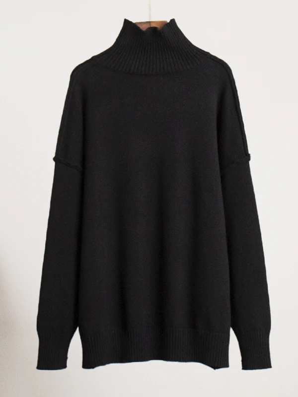Long Sleeves Loose Solid Color Split-Joint High Neck Pullovers Sweater Tops - Image 20