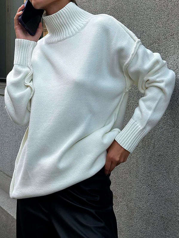 Long Sleeves Loose Solid Color Split-Joint High Neck Pullovers Sweater Tops - Image 3