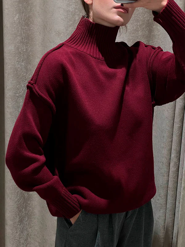 Long Sleeves Loose Solid Color Split-Joint High Neck Pullovers Sweater Tops - Image 4