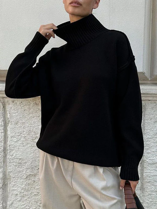 Long Sleeves Loose Solid Color Split-Joint High Neck Pullovers Sweater Tops - Image 5