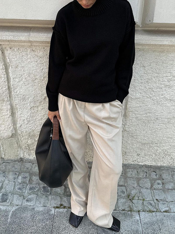 Long Sleeves Loose Solid Color Split-Joint High Neck Pullovers Sweater Tops - Image 6