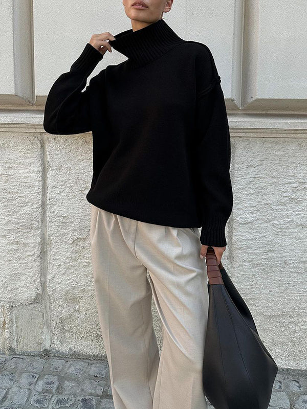 Long Sleeves Loose Solid Color Split-Joint High Neck Pullovers Sweater Tops - Image 7