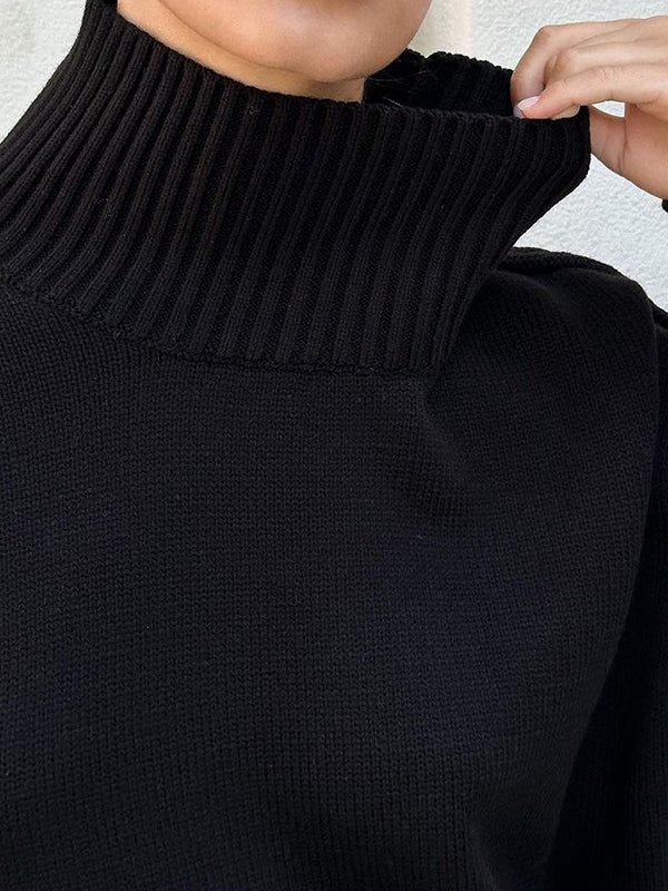 Long Sleeves Loose Solid Color Split-Joint High Neck Pullovers Sweater Tops - Image 8