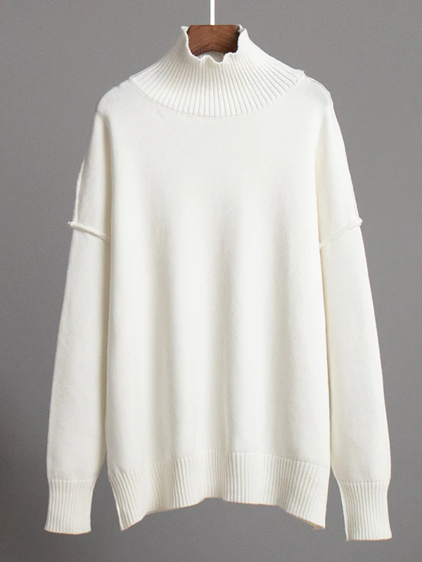 Long Sleeves Loose Solid Color Split-Joint High Neck Pullovers Sweater Tops - Image 9