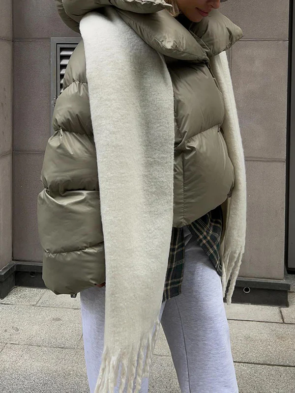 Long Sleeves Loose Solid Color Split-Joint Hooded Padded Coat - Image 10