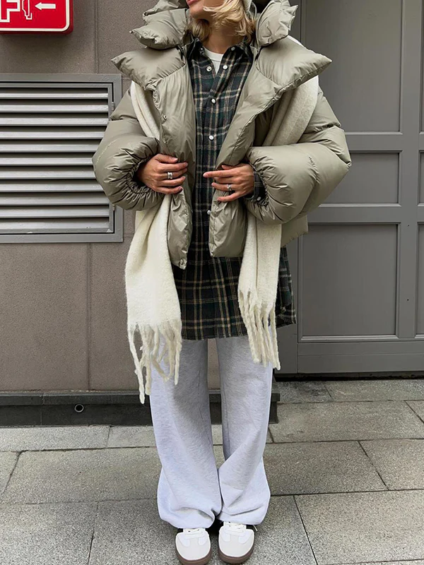 Long Sleeves Loose Solid Color Split-Joint Hooded Padded Coat - Image 11