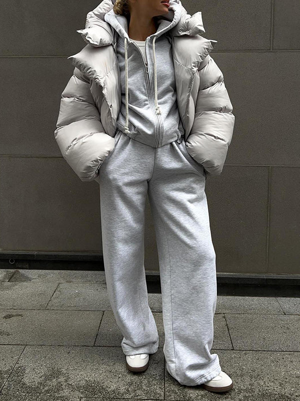 Long Sleeves Loose Solid Color Split-Joint Hooded Padded Coat - Image 12