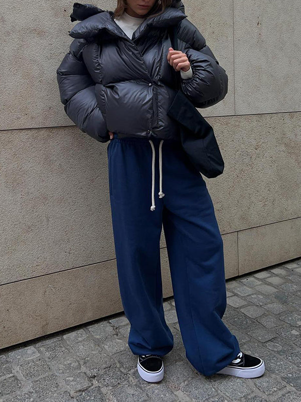 Long Sleeves Loose Solid Color Split-Joint Hooded Padded Coat - Image 13