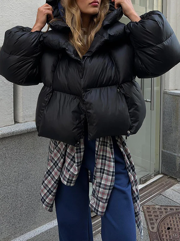 Long Sleeves Loose Solid Color Split-Joint Hooded Padded Coat - Image 2
