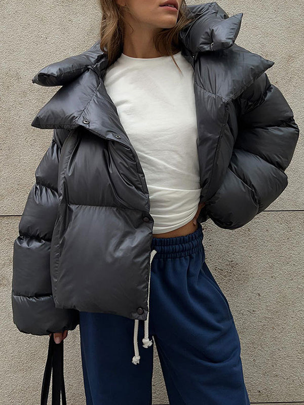 Long Sleeves Loose Solid Color Split-Joint Hooded Padded Coat - Image 3