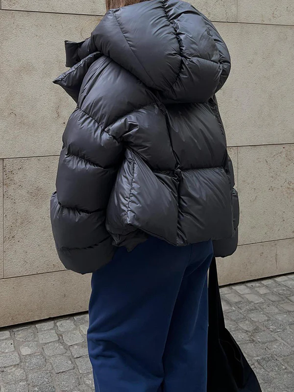 Long Sleeves Loose Solid Color Split-Joint Hooded Padded Coat - Image 4