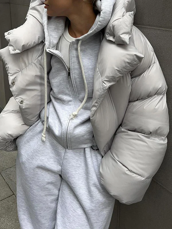 Long Sleeves Loose Solid Color Split-Joint Hooded Padded Coat - Image 5