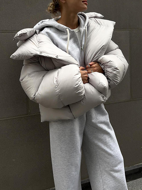 Long Sleeves Loose Solid Color Split-Joint Hooded Padded Coat - Image 6