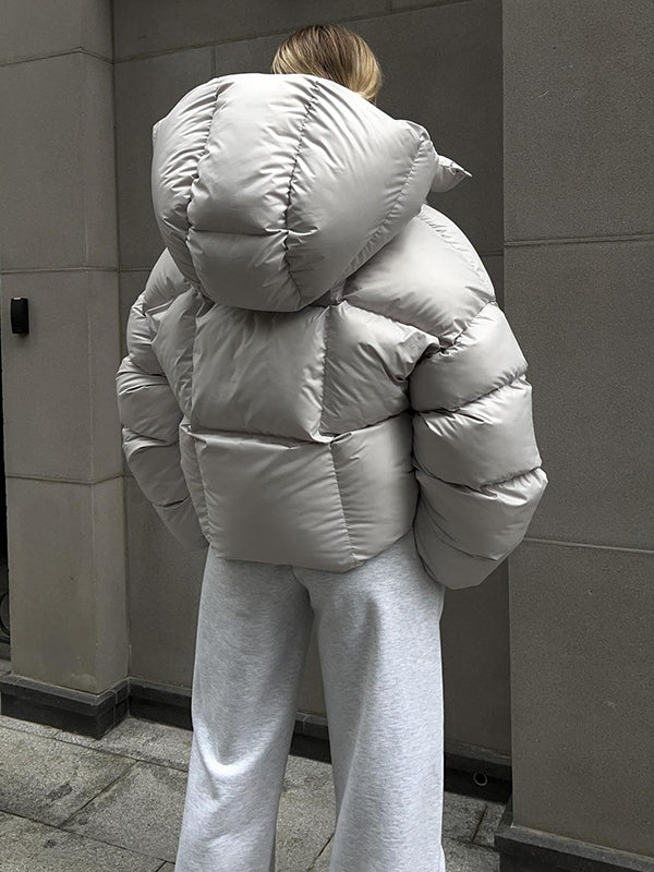 Long Sleeves Loose Solid Color Split-Joint Hooded Padded Coat - Image 8