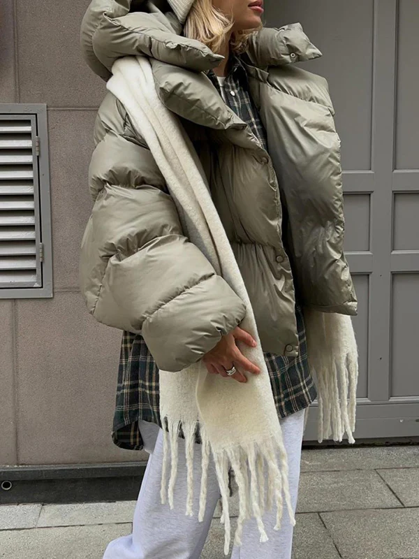 Long Sleeves Loose Solid Color Split-Joint Hooded Padded Coat - Image 9