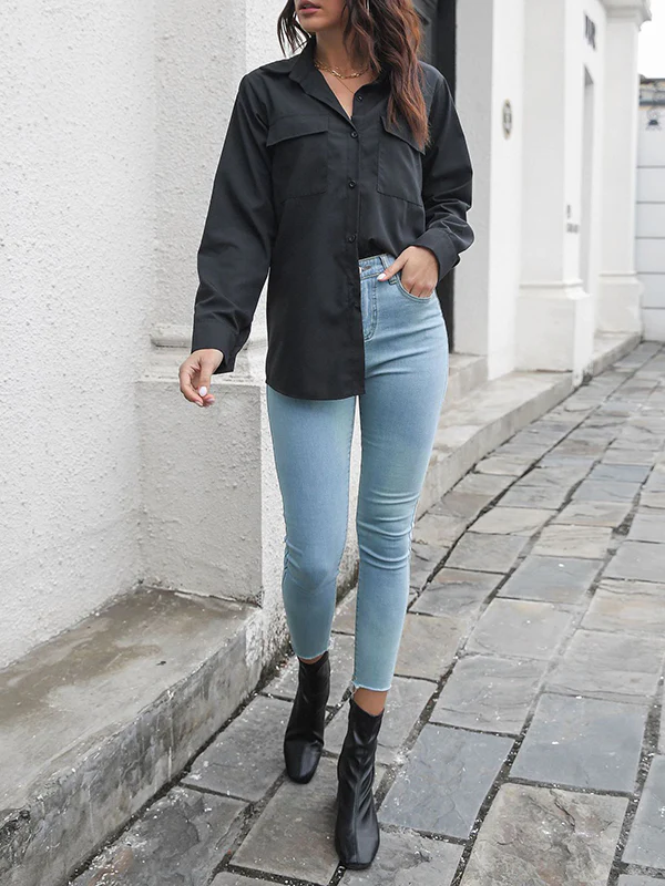 Long Sleeves Loose Solid Color Split-Joint Lapel Blouses - Image 11