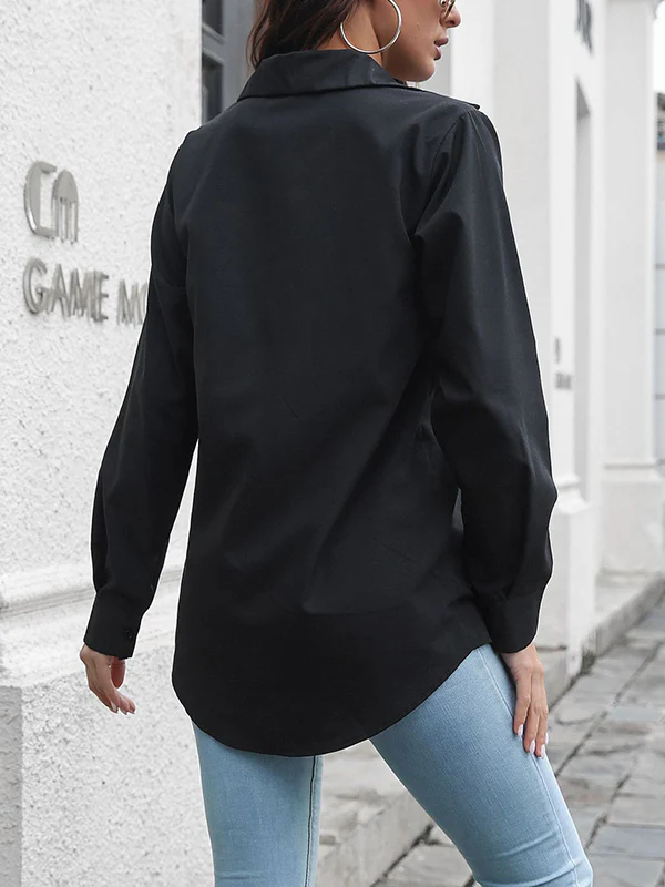 Long Sleeves Loose Solid Color Split-Joint Lapel Blouses - Image 5