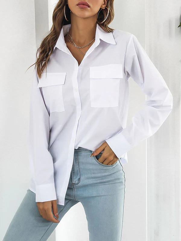 Long Sleeves Loose Solid Color Split-Joint Lapel Blouses - Image 7