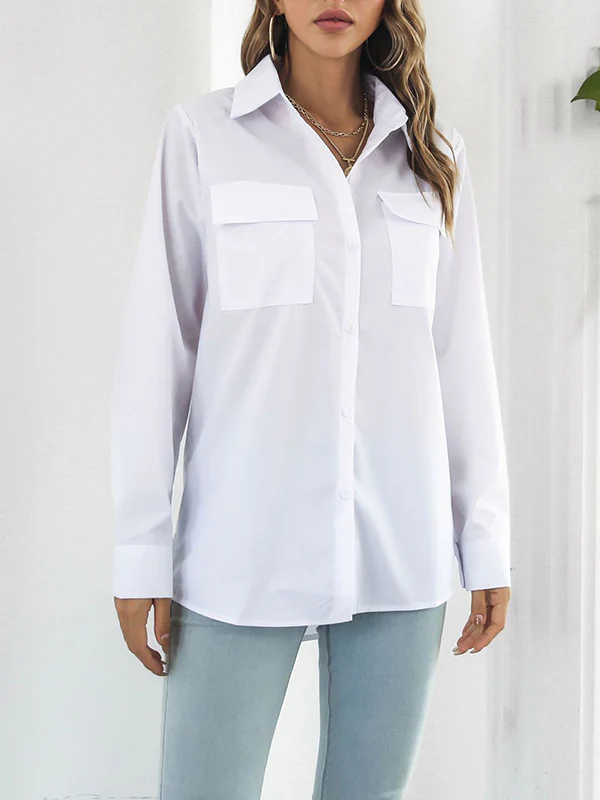 Long Sleeves Loose Solid Color Split-Joint Lapel Blouses - Image 8