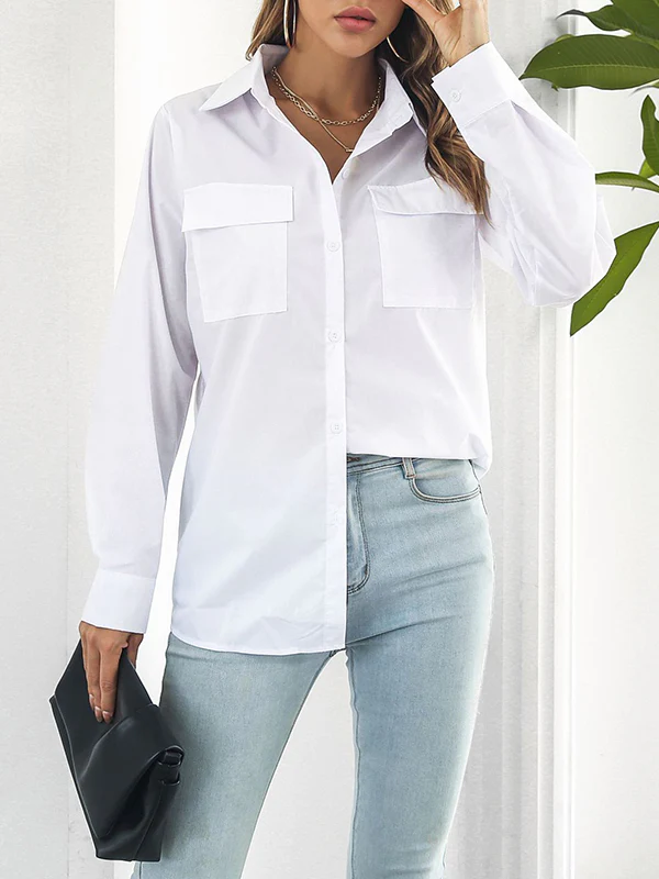 Long Sleeves Loose Solid Color Split-Joint Lapel Blouses - Image 9