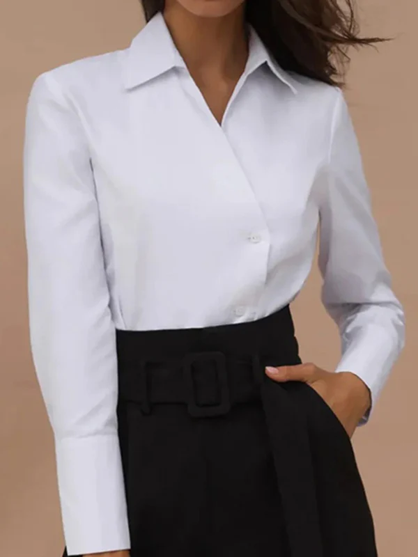 Long Sleeves Loose Solid Color Split-Joint Lapel Blouses - Image 2