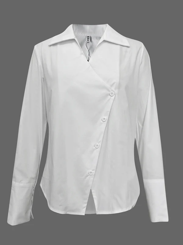 Long Sleeves Loose Solid Color Split-Joint Lapel Blouses - Image 4
