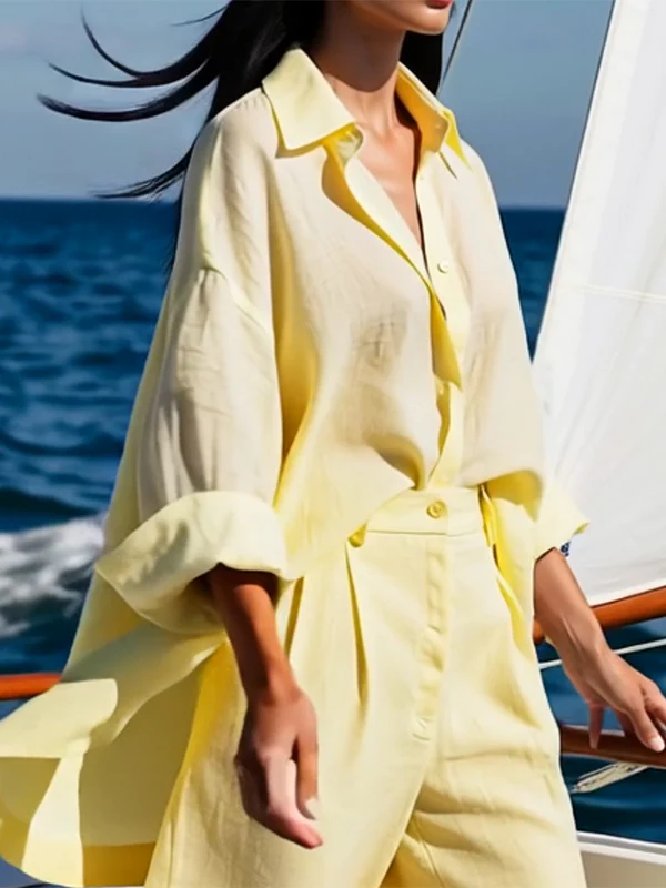 Long Sleeves Loose Solid Color Split-Joint Lapel Blouses&Shirts Tops - Image 2