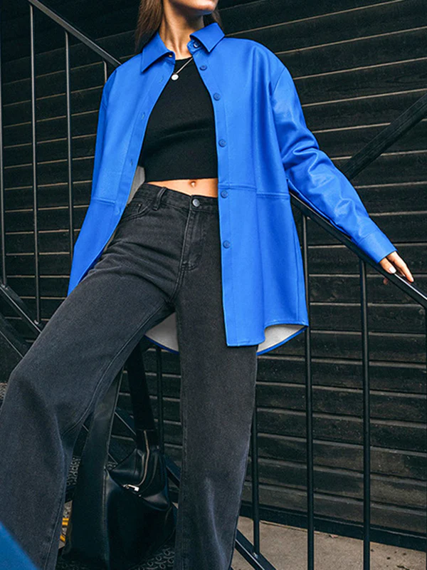 Long Sleeves Loose Solid Color Split-Joint Lapel Jackets Outerwear - Image 7