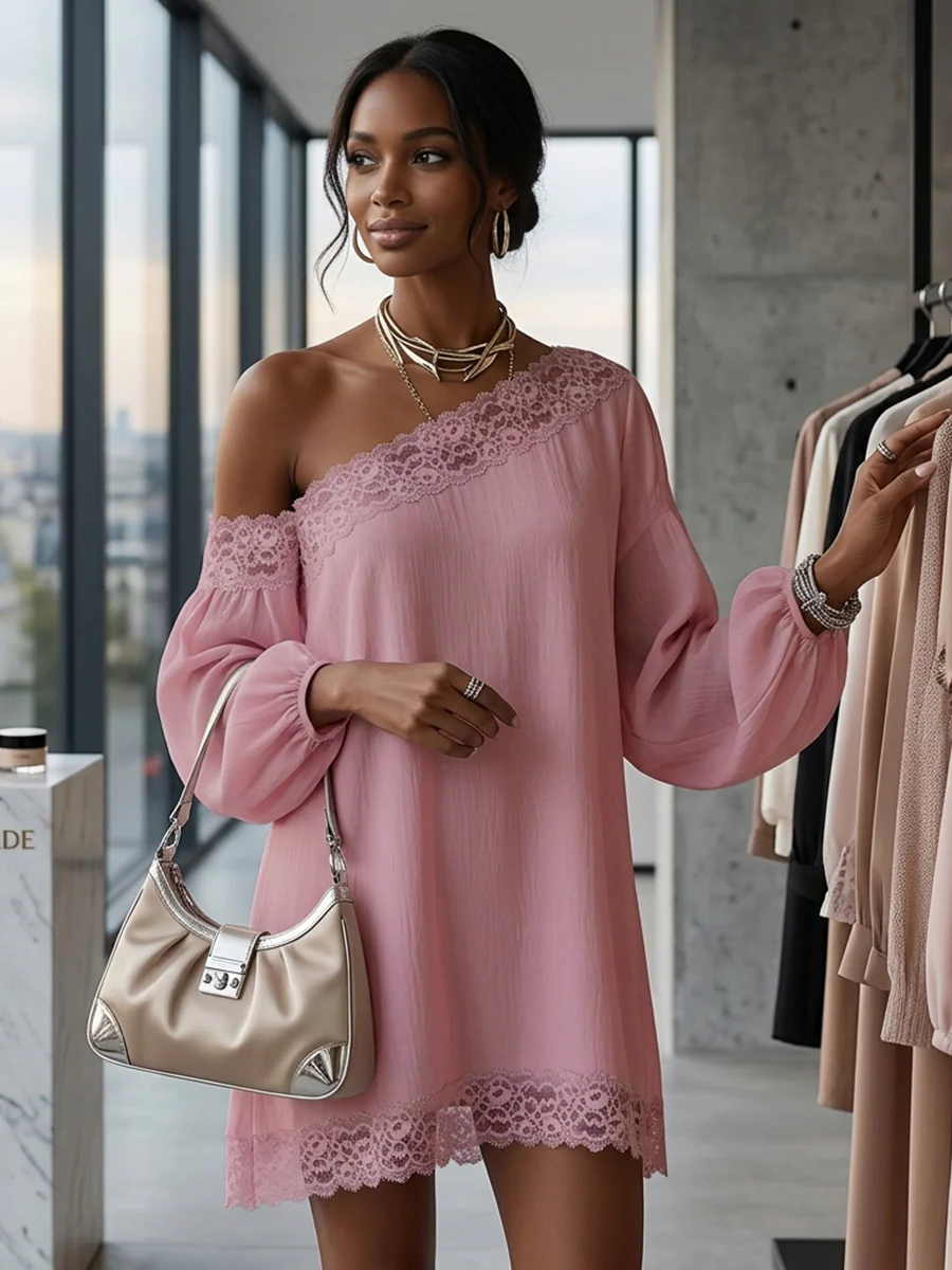 Long Sleeves Loose Solid Color Split-Joint One-shoulder Mini Dresses - Image 3