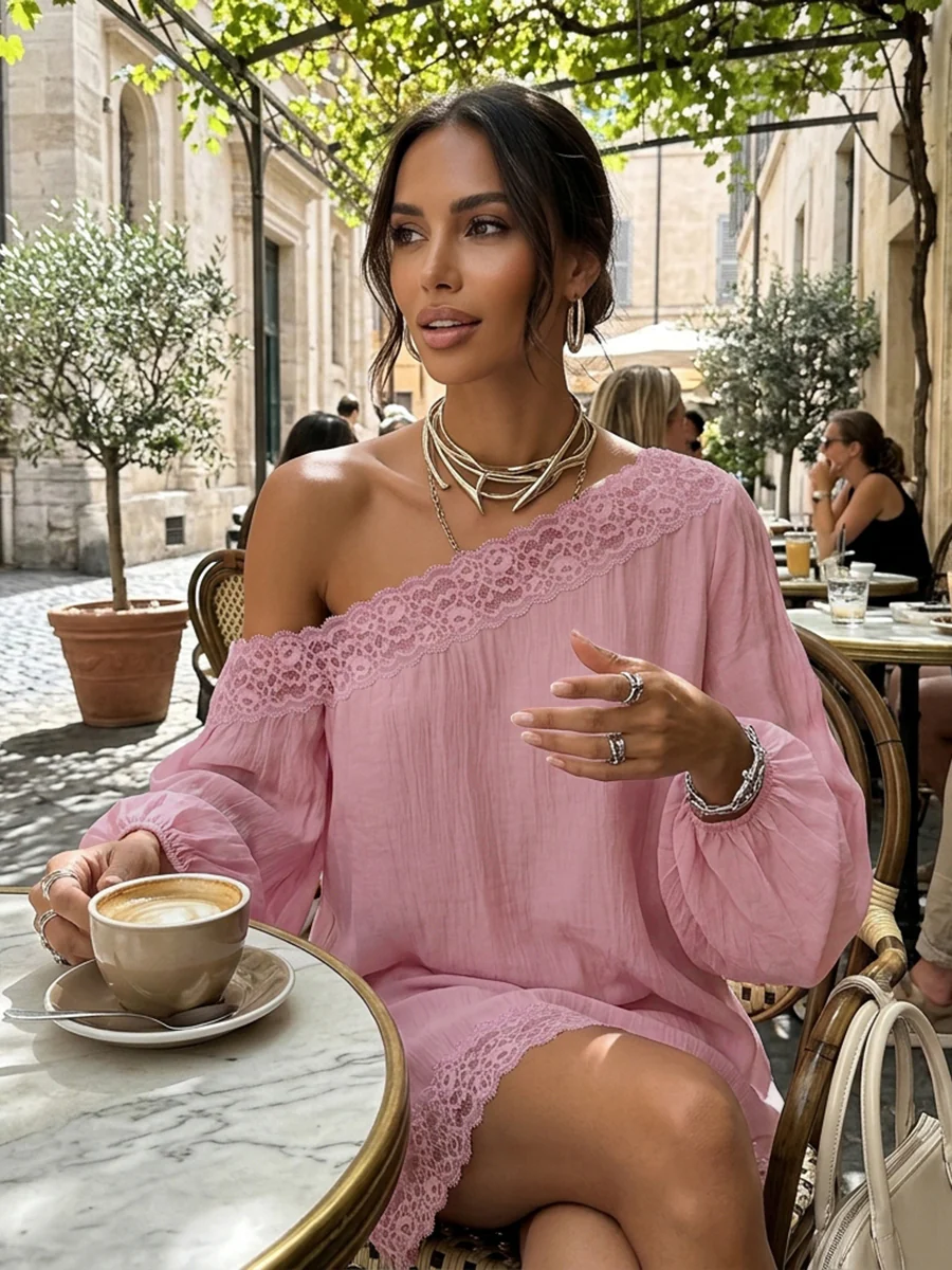 Long Sleeves Loose Solid Color Split-Joint One-shoulder Mini Dresses - Image 5