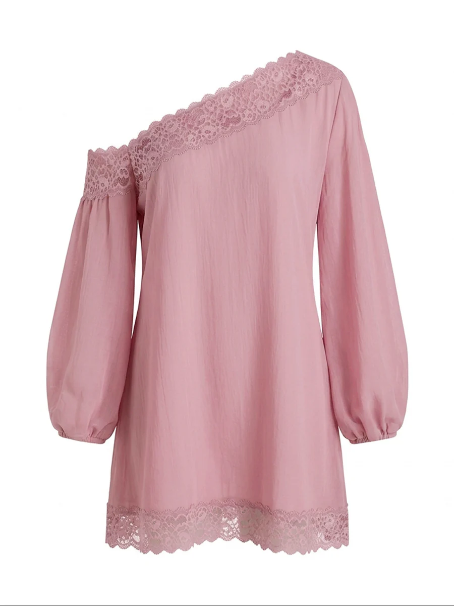 Long Sleeves Loose Solid Color Split-Joint One-shoulder Mini Dresses - Image 6