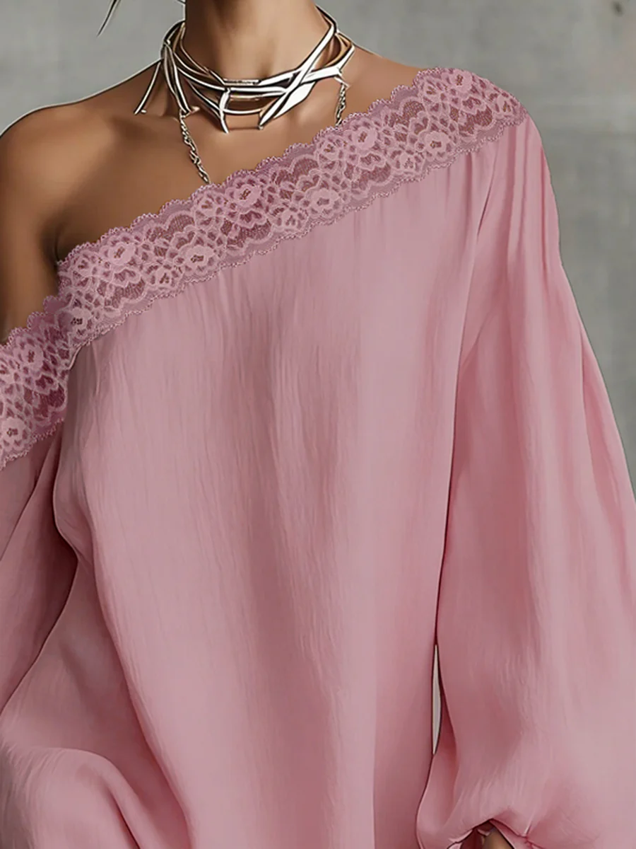 Long Sleeves Loose Solid Color Split-Joint One-shoulder Mini Dresses - Image 7