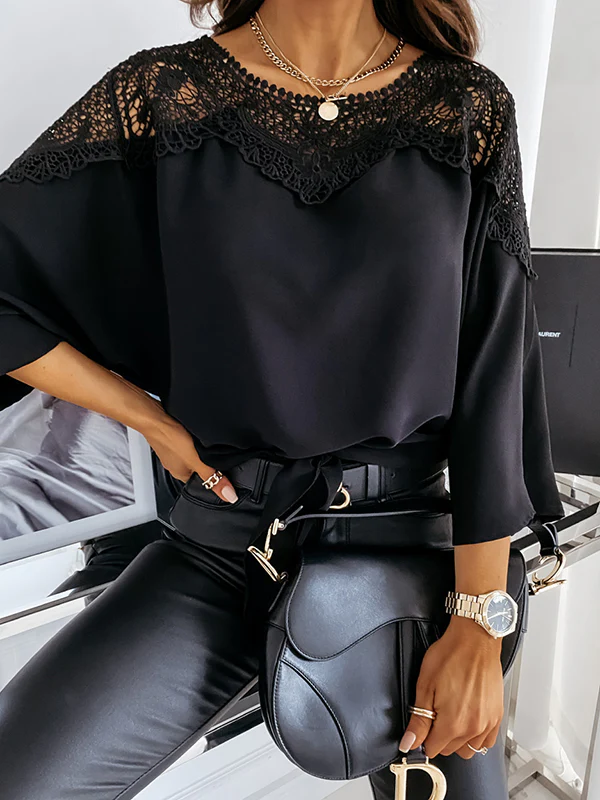Long Sleeves Loose Solid Color Split-Joint Round-Neck Blouses&Shirts Tops - Image 2