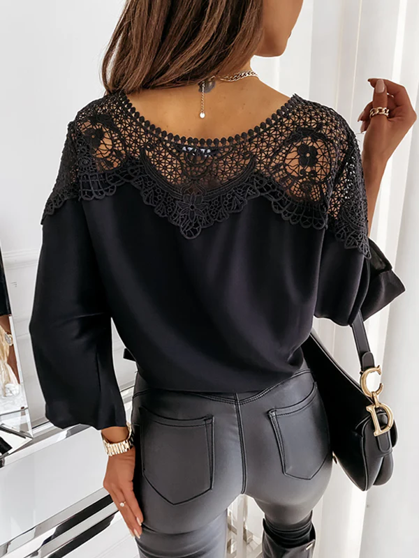Long Sleeves Loose Solid Color Split-Joint Round-Neck Blouses&Shirts Tops - Image 4